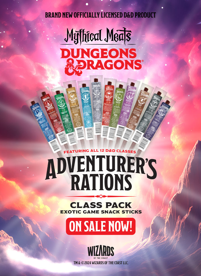 Adventurer's Rations promo graphic featuring stick wrapper designs