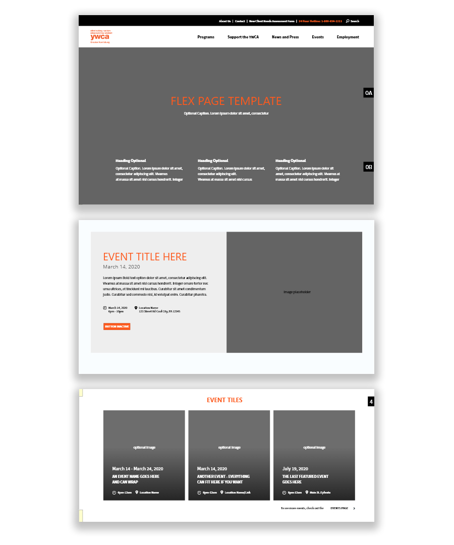 Examples of the modular sections and components available for assembling pages on the YWCA website.